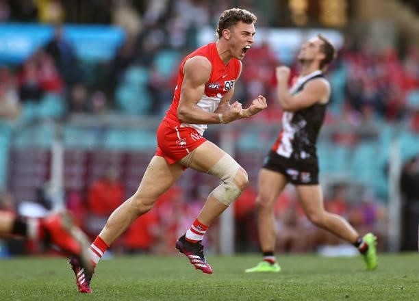 Will Hayward of the Swans celebrates kicking a goal during the round 12 AFL match between the St Kilda Saints and the Sydney Swans at Sydney Cricket...
