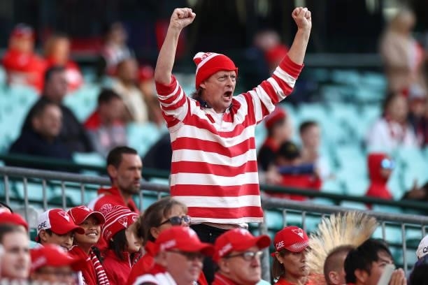 Swan's fan shows his support during the round 12 AFL match between the St Kilda Saints and the Sydney Swans at Sydney Cricket Ground on June 05, 2021...