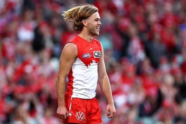 James Rowbottom of the Swans celebrates kicking a goal during the round 12 AFL match between the St Kilda Saints and the Sydney Swans at Sydney...