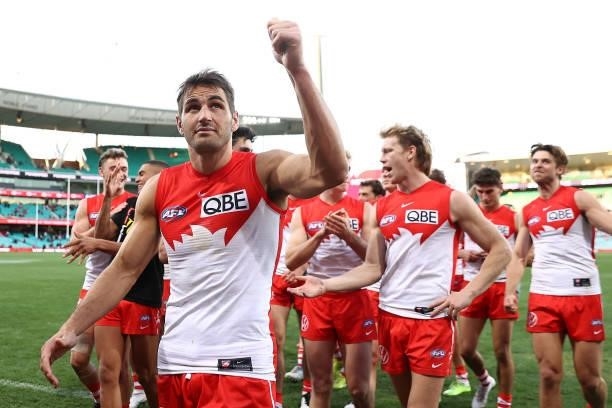 Josh P. Kennedy of the Swans celebrates winning the round 12 AFL match between the St Kilda Saints and the Sydney Swans at Sydney Cricket Ground on...