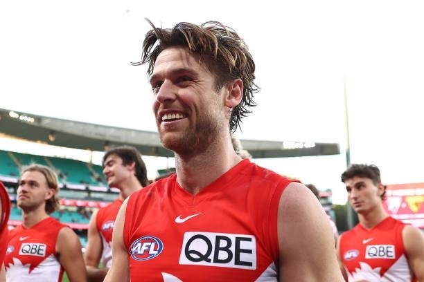Dane Rampe of the Swans celebrates winning the round 12 AFL match between the St Kilda Saints and the Sydney Swans at Sydney Cricket Ground on June...