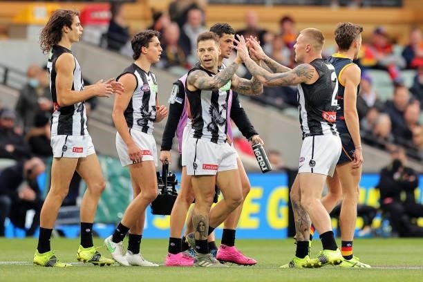 Jamie Elliott of the Magpies celebrates after kicking a goal during the round 12 AFL match between the Adelaide Crows and the Collingwood Magpies at...