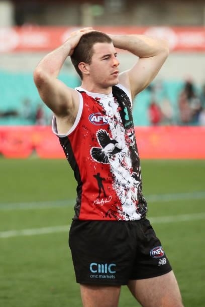 Jack Higgins of the Saints looks dejected after the round 12 AFL match between the St Kilda Saints and the Sydney Swans at Sydney Cricket Ground on...