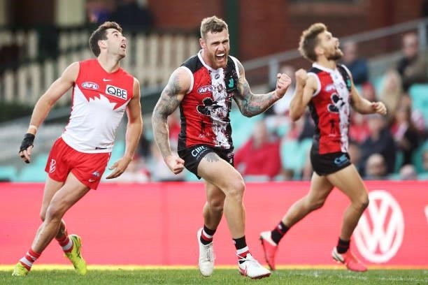 Tim Membrey of the Saints celebrates a goal during the round 12 AFL match between the St Kilda Saints and the Sydney Swans at Sydney Cricket Ground...