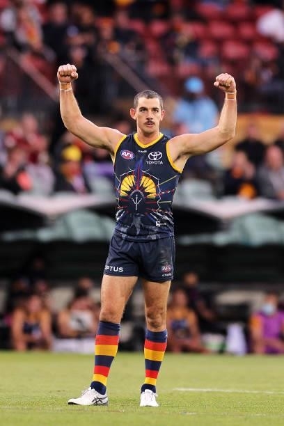 Taylor Walker of the Crows celebrates after kicking a goal during the round 12 AFL match between the Adelaide Crows and the Collingwood Magpies at...