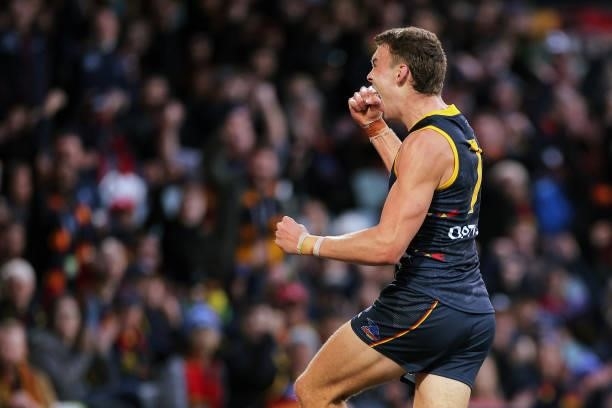 Riley Thilthorpe of the Crows celebrates after kicking a goal during the round 12 AFL match between the Adelaide Crows and the Collingwood Magpies at...