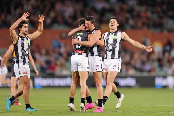 Trent Bianco of the Magpies celebrates with Scott Pendlebury of the Magpies after kicking a goal during the round 12 AFL match between the Adelaide...