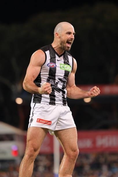 Steele Sidebottom of the Magpies celebrates after kicking a goal during the round 12 AFL match between the Adelaide Crows and the Collingwood Magpies...