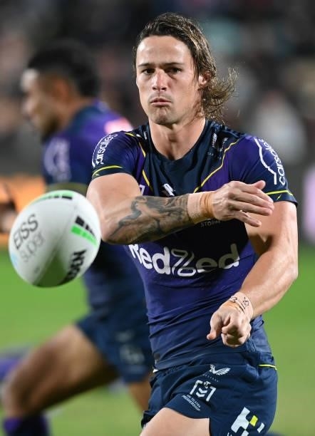 Nicho Hynes of the Storm warms up prior to the round 13 NRL match between the Melbourne Storm and the Gold Coast Titans at Sunshine Coast Stadium, on...