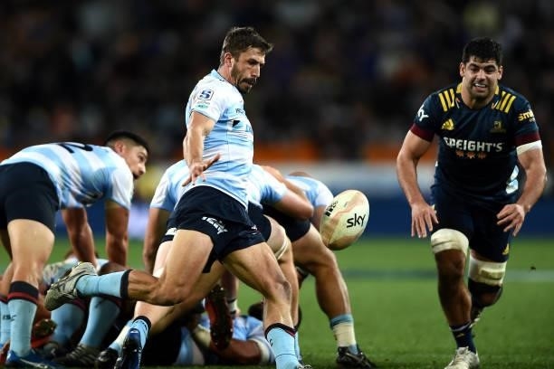 Jake Gordon of the Waratahs kicks the ball during the round four Super Rugby Trans-Tasman match between the Highlanders and the NSW Waratahs at...