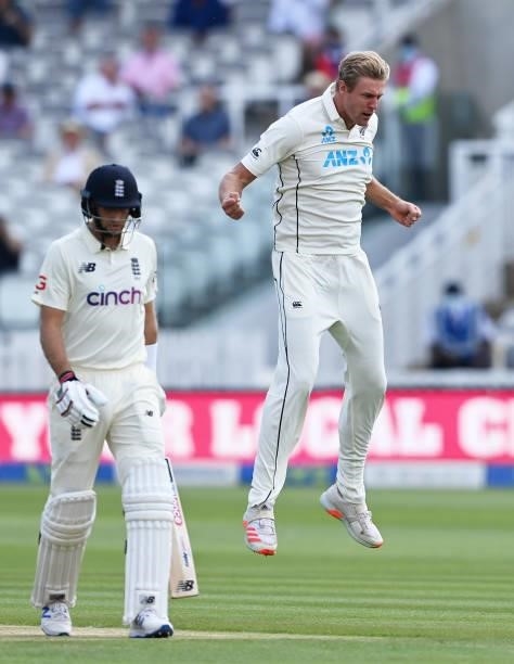 Kyle Jamieson of New Zealand celebrates taking the wicket of Joe Root of England during Day 4 of the First LV= Insurance Test Match between England...