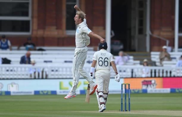 Kyle Jamieson of New Zealand celebrates after dismissing Joe Root of England first ball of the day during Day 4 of the First LV= Insurance Test match...