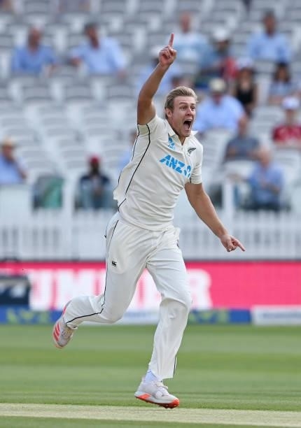 Kyle Jamieson of New Zealand celebrates taking the wicket of Joe Root of England during Day 4 of the First LV= Insurance Test Match between England...