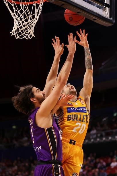 Nathan Sobey of the Bullets lays up a shot during the round 21 NBL match between Sydney Kings and Brisbane Bullets at Qudos Bank Arena, on June 05 in...
