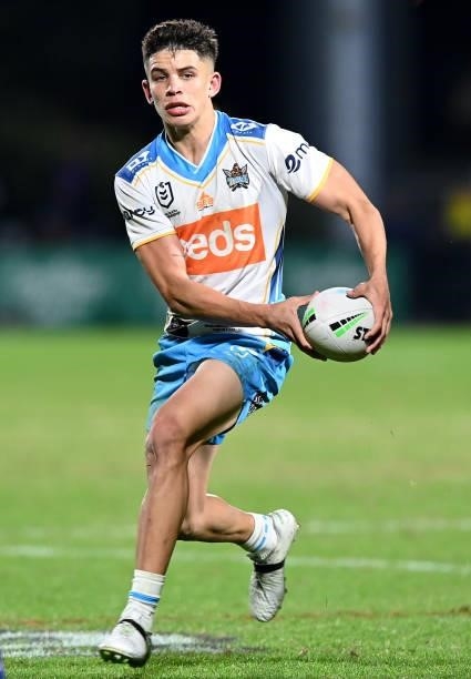 Jayden Campbell of the Titans runs with the ball during the round 13 NRL match between the Melbourne Storm and the Gold Coast Titans at Sunshine...