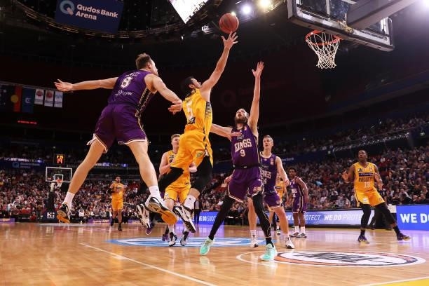 Jason Cadee of the Bullets lays up a shot during the round 21 NBL match between Sydney Kings and Brisbane Bullets at Qudos Bank Arena, on June 05 in...