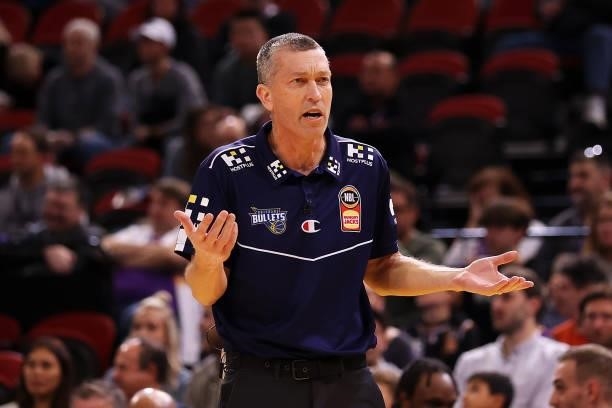 Andrej Lemanis head coach of the Bullets shows his frustration during the round 21 NBL match between Sydney Kings and Brisbane Bullets at Qudos Bank...