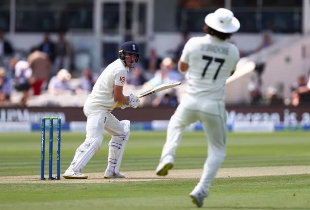 Dan Lawrence of England edges to Colin de Grandhomme of New Zealand to be dismissed during Day 4 of the First LV= Insurance Test Match between...