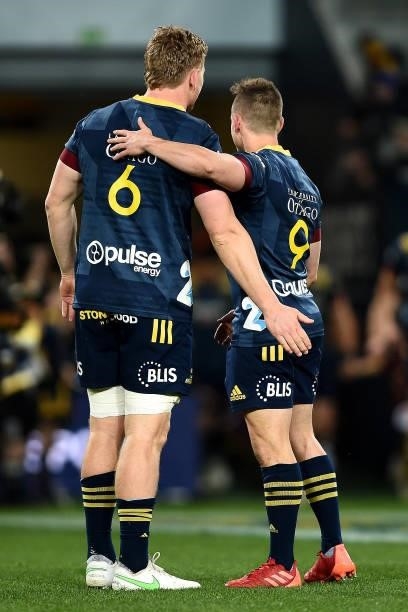 James Lentjes of the Highlanders and Kayne Hammington of the Highlanders share a moment ahead of the round four Super Rugby Trans-Tasman match...