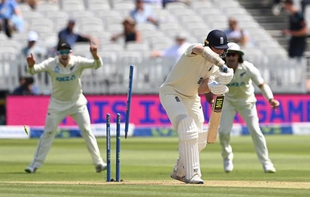 James Bracey of England is bowled by Tim Southee of New Zealand during Day 4 of the First LV= Insurance Test Match between England and New Zealand at...