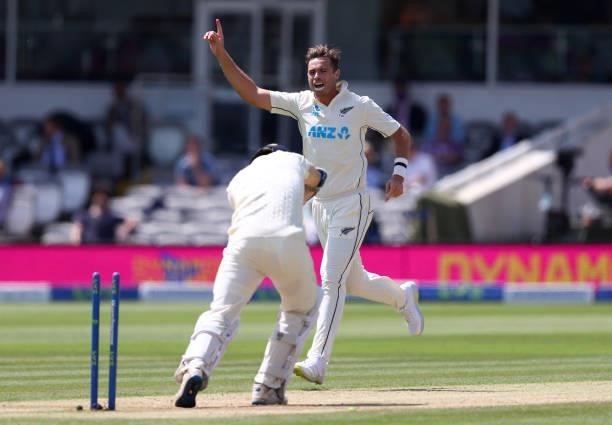 Tim Southee of New Zealand celebrates taking the wicket of James Bracey of England during Day 4 of the First LV= Insurance Test Match between England...