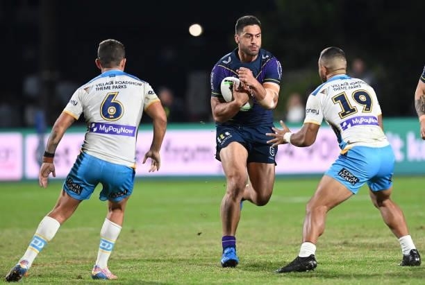 Jesse Bromwich of the Storm runs with the ball during the round 13 NRL match between the Melbourne Storm and the Gold Coast Titans at Sunshine Coast...