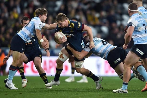 James Lentjes of the Highlanders runs into the defence during the round four Super Rugby Trans-Tasman match between the Highlanders and the NSW...