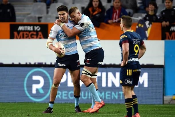 Jack Whetton of the Waratahs celebrates wtih Jack Maddocks of the Waratahs after a try during the round four Super Rugby Trans-Tasman match between...