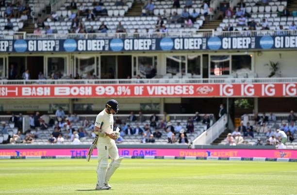 James Bracey of England walks off after being dismissed for 0 during Day 4 of the First LV= Insurance Test Match between England and New Zealand at...
