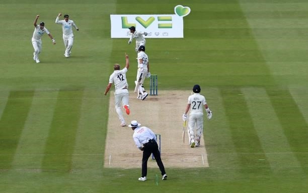 Joe Root of England is caught by Ross Taylor of New Zealand off the bowling of Kyle Jamieson during Day 4 of the First LV= Insurance Test Match...