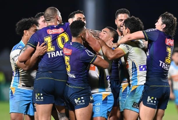 Players scuffle during the round 13 NRL match between the Melbourne Storm and the Gold Coast Titans at Sunshine Coast Stadium, on June 05 in Sunshine...