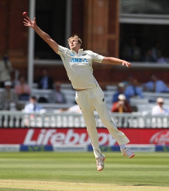 Kyle Jamieson of New Zealand leaps to attempt to field the ball during Day 4 of the First LV= Insurance Test match between England and New Zealand at...