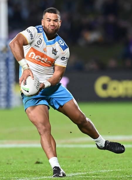 Esan Marsters of the Titans runs with the ball during the round 13 NRL match between the Melbourne Storm and the Gold Coast Titans at Sunshine Coast...