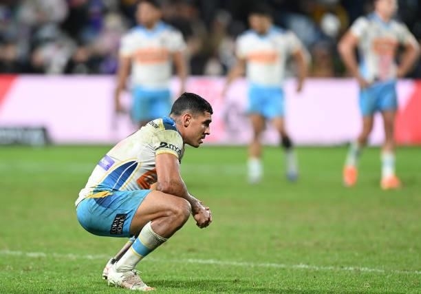 Jamal Fogarty of the Titans is dejected after the Titans were defeated by the Storm during the round 13 NRL match between the Melbourne Storm and the...