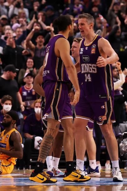 Xavier Cooks and Daniel Kickert of the Kings celebrate victory during the round 21 NBL match between Sydney Kings and Brisbane Bullets at Qudos Bank...