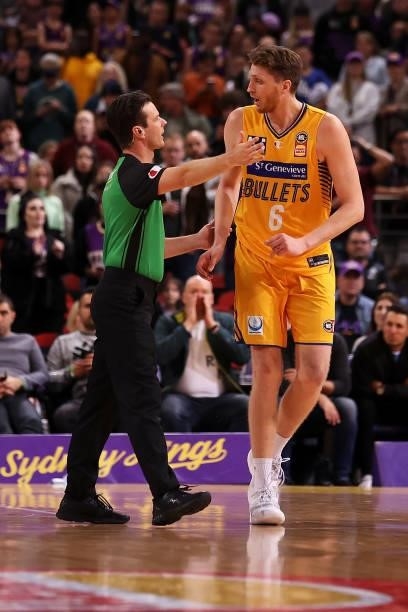 The referee directs Matthew Hodgson of the Bullets to the bench during the round 21 NBL match between Sydney Kings and Brisbane Bullets at Qudos Bank...