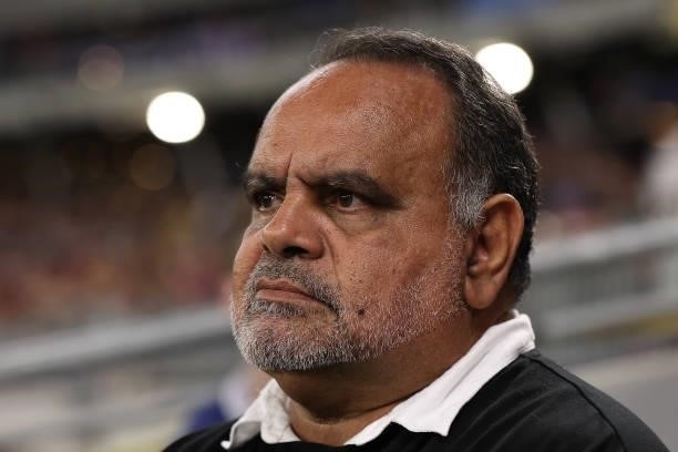 Michael Long looks on during the round 12 AFL match between the Essendon Bombers and the Richmond Tigers at Optus Stadium on June 05, 2021 in Perth,...