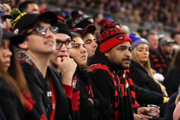 Spectators look on during the round 12 AFL match between the Essendon Bombers and the Richmond Tigers at Optus Stadium on June 05, 2021 in Perth,...