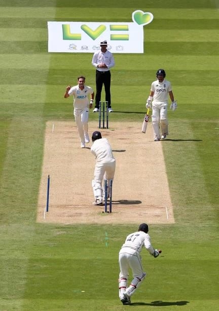James Bracey of England is bowled by Tim Southee of New Zealand during Day 4 of the First LV= Insurance Test Match between England and New Zealand at...