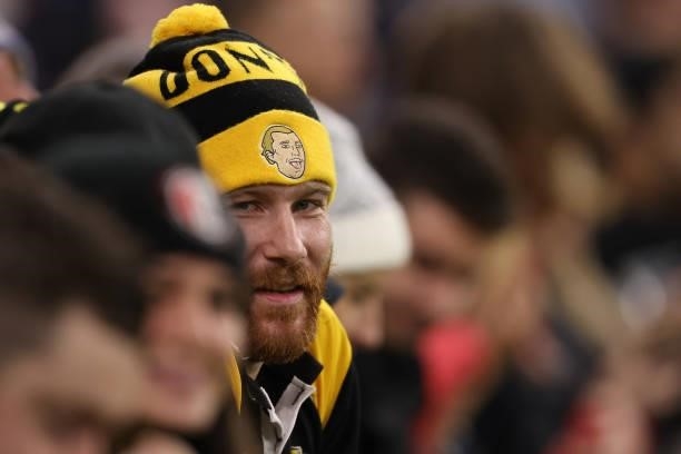 Tigers fans show their support during the round 12 AFL match between the Essendon Bombers and the Richmond Tigers at Optus Stadium on June 05, 2021...
