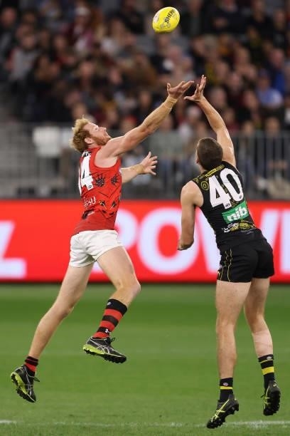 Andrew Phillips of the Bombers and Callum Coleman-Jones of the Tigers contest the ruck during the round 12 AFL match between the Essendon Bombers and...