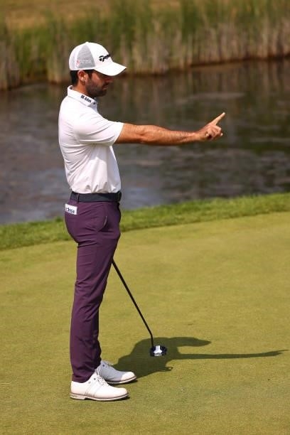 Joel Stalter of France lines up a putt on the fourth green during the first round of the Porsche European Open at Green Eagle Golf Course on June 05,...