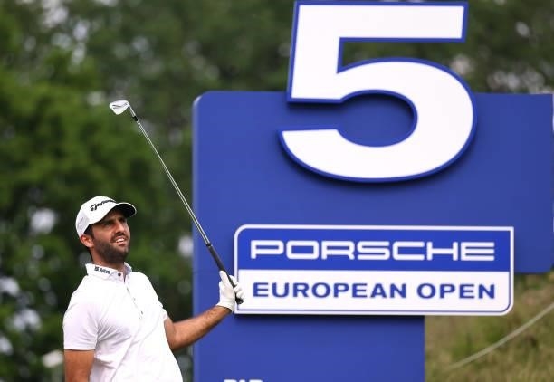 Joel Stalter of France tees off on the fifth hole during the first round of the Porsche European Open at Green Eagle Golf Course on June 05, 2021 in...