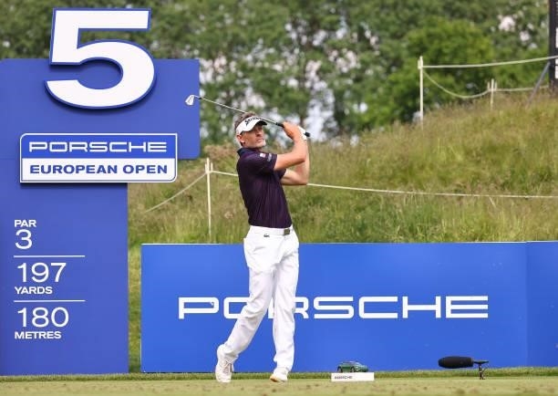 Raphael Jaquelin tees off on the fifth hole during the first round of the Porsche European Open at Green Eagle Golf Course on June 05, 2021 in...
