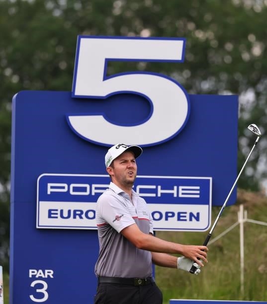 Ashley Chesters of England tees off on the fifth hole during the first round of the Porsche European Open at Green Eagle Golf Course on June 05, 2021...