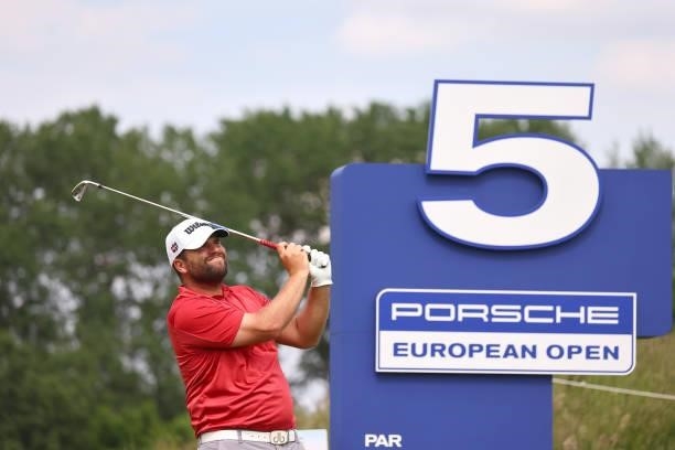 Jack Senior of England tees off on the fifth hole during the first round of the Porsche European Open at Green Eagle Golf Course on June 05, 2021 in...