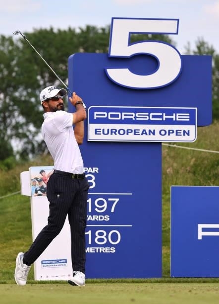 Francesco Laporta of Italy tees off on the fifth hole during the first round of the Porsche European Open at Green Eagle Golf Course on June 05, 2021...