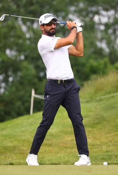 Francesco Laporta of Italy prepares to tee off on the fifth hole during the first round of the Porsche European Open at Green Eagle Golf Course on...