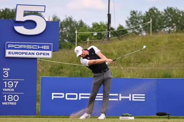 Wil Besseling of Netherlands tees off on the fifth hole during the first round of the Porsche European Open at Green Eagle Golf Course on June 05,...