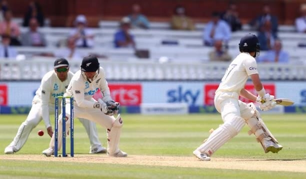 Watling of New Zealand drops the ball as he attempts to stump Rory Burns of England during Day 4 of the First LV= Insurance Test Match between...